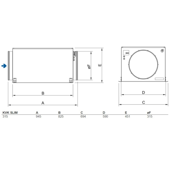 Systemair KVK Slim 315 kruhový ventilátor - rozmery