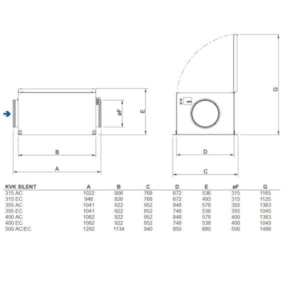 Systemair KVK Silent 315EC kruhový ventilátor - rozmery