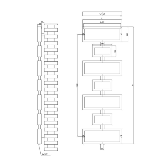 RADOX Bell Big vodný dizajnový radiátor - technický náčrt