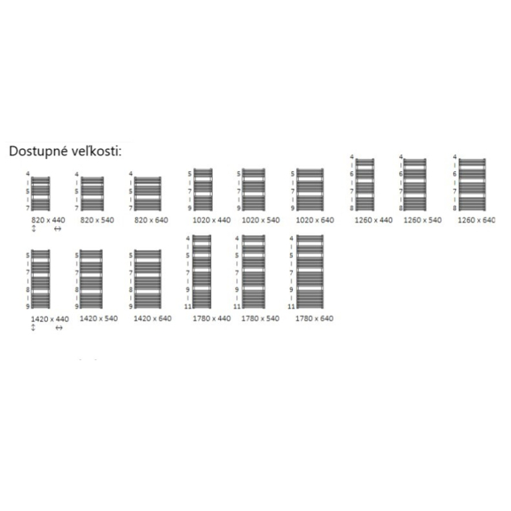 TERMA Tytus kúpeľňový radiátor Dostupné veľkosti
