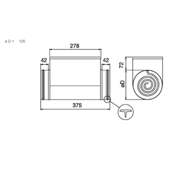 Systemair CBM 125-1,2 elektrický ohrievač do kruhového potrubia - rozmery