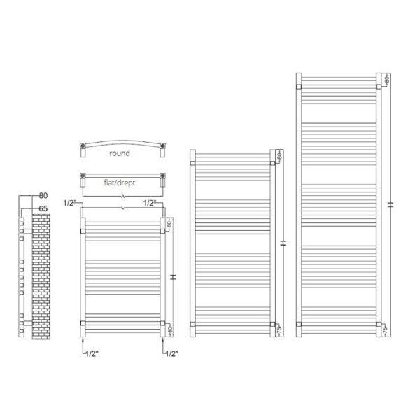 RADOX Quebis vodný dizajnový radiátor - technický náčrt