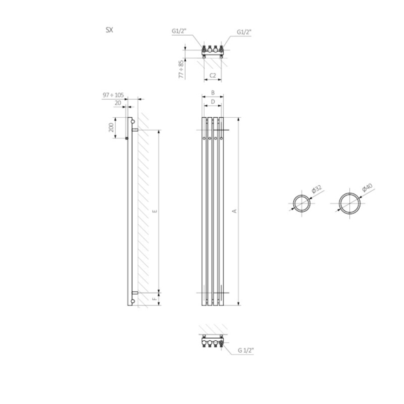 Terma Rolo Hanger dizajnový radiátor - rozmery
