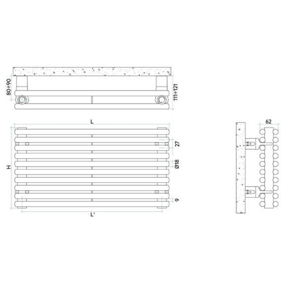 IRSAP Arpa 18 2 horizontálny dizajnový radiátor - Technický náčrt