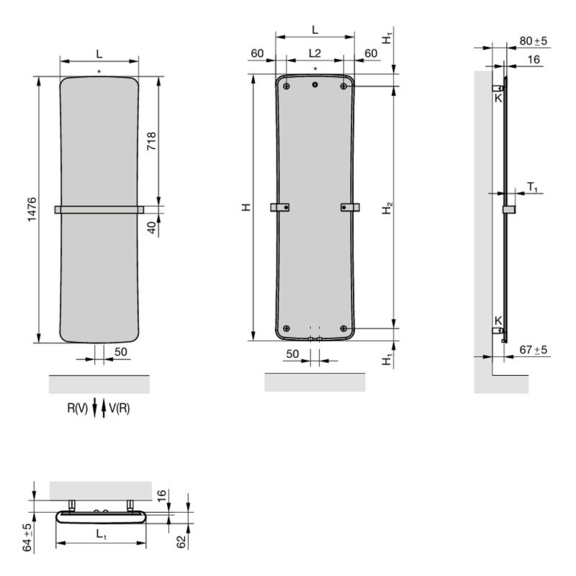 Zehnder Folio Belt dizajnový radiátor - rozmery§