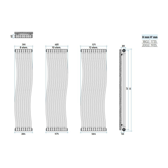 IRSAP Tesi Runner oceľový článkový radiátor - rozmery