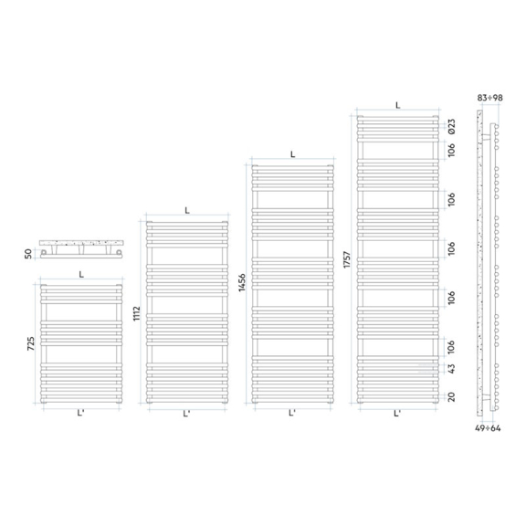 IRSAP Kart dizajnový radiátor - rozmery