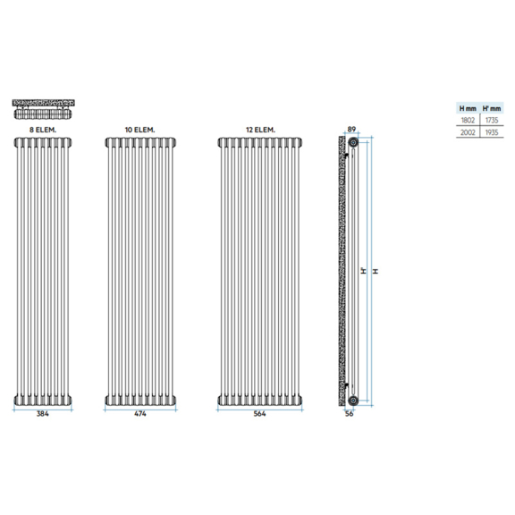 IRSAP Tesi 2 Chrome Plated chrómový oceľový článkový radiátor - rozmery