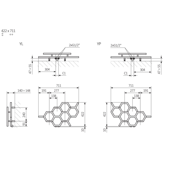 TERMA Hex dizajnový radiátor 422x711mm Schéma