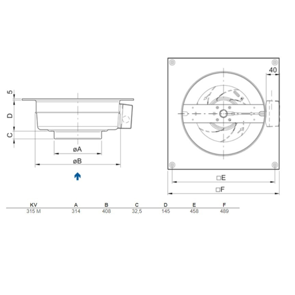 Systemair KV 315 sileo kruhový ventilátor - rozmery