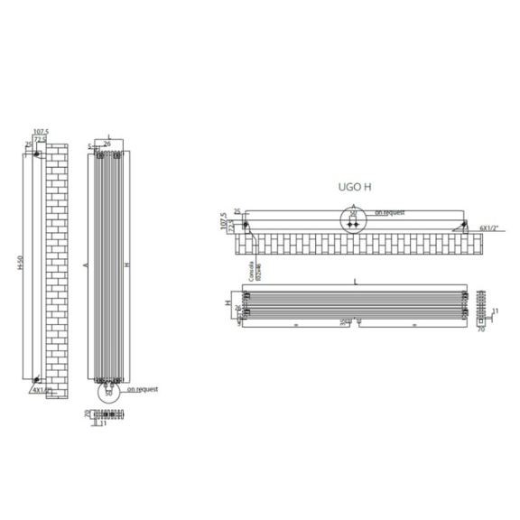RADOX Ugo vodný dizajnový radiátor - technický náčrt