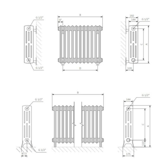TERMA Stylos vodný dizajnový radiátor - schéma a rozmery