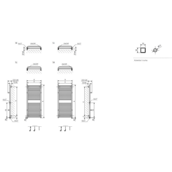 TERMA Lima ONE kúpeľňový radiátor RAL 9016 rozmery - schéma