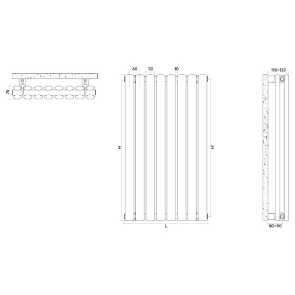 IRSAP Ellipsis V 2 vertikálny dizajnový radiátor - Technický náčrt