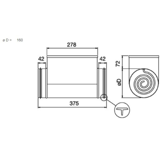 Systemair CBM 160-2,1 elektrický ohrievač do kruhového potrubia - rozmery