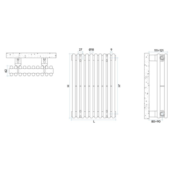 IRSAP Arpa 18 2 vertikálny oceľový článkový radiátor - Technický náčrt