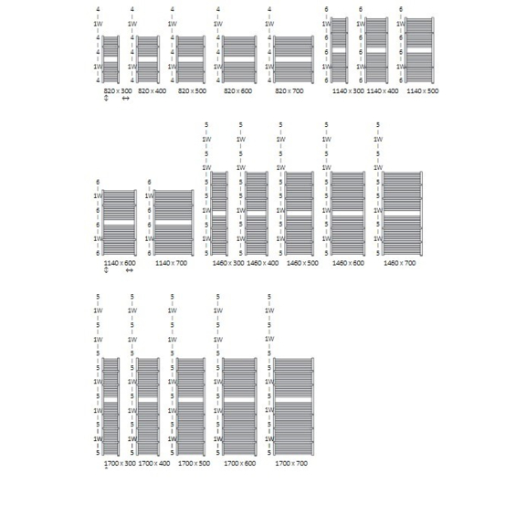 TERMA Lima ONE kúpeľňový radiátor Dostupné veľkosti