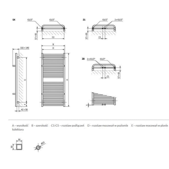 TERMA Lima kúpeľňový radiátor Schéma rozmerov
