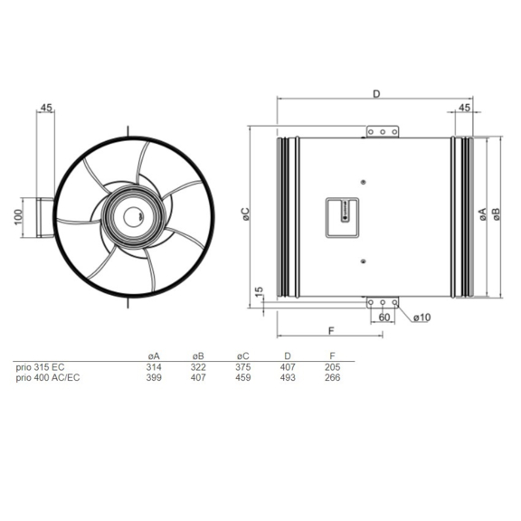Systemair prio 315 EC kruhový ventilátor - rozmery