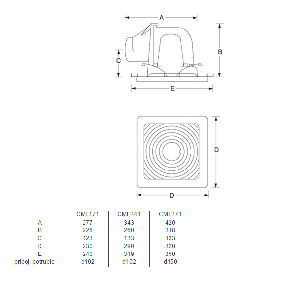 Ventilátor Xpelair CMF 241 - rozmery