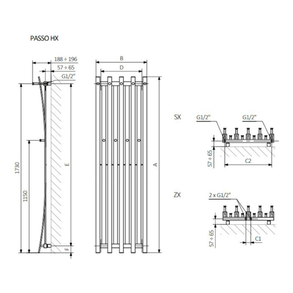 Terma Passo HX dizajnový radiátor - rozmery