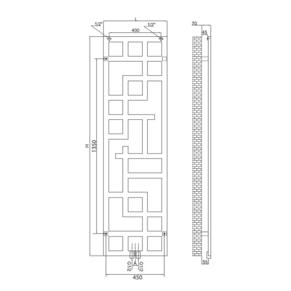 RADOX Maze vodný dizajnový radiátor - technický náčrt