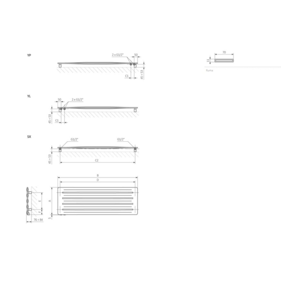 TERMA Aero H dizajnový radiátor Schématické zobrazenie rozmerov