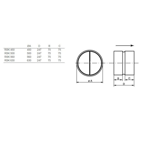 Systemair RSK 450 klapka pre kruhové ventilátory - rozmery