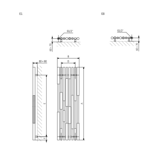 TERMA Cane E dizajnový radiátor schéma - rozmery