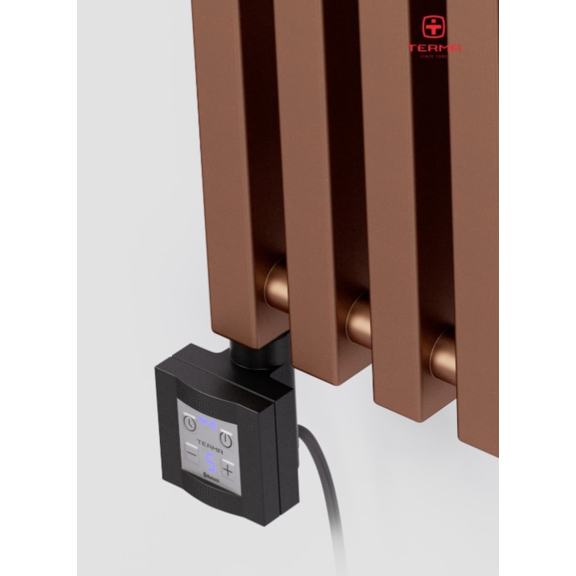 TERMA Triga M E dizajnový radiátor so zrkadlom 1700x880 farba Cooper detail ovládanie