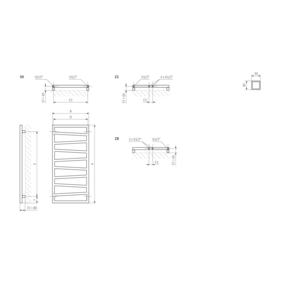 TERMA Zigzag kúpeľňový radiátor Schématický nákres