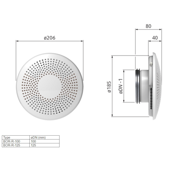 BOR-R 100 stenový difúzor - rozmery