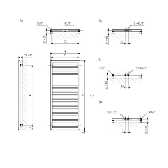 TERMA Lukka kúpeľňový radiátor Schéma - rozmery