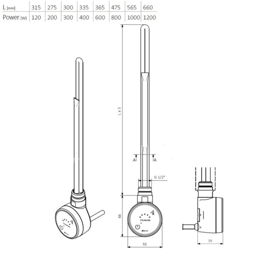 Terma MOA Blue - Rozmery