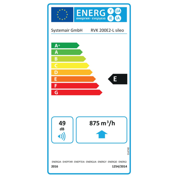 Systemair RVK 200E2-L sileo kruhový ventilátor - energetický štítok