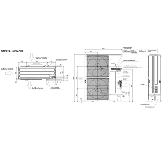 Mitsubishi PUMY-P112 – 140VKM / YKM - rozmerová schéma