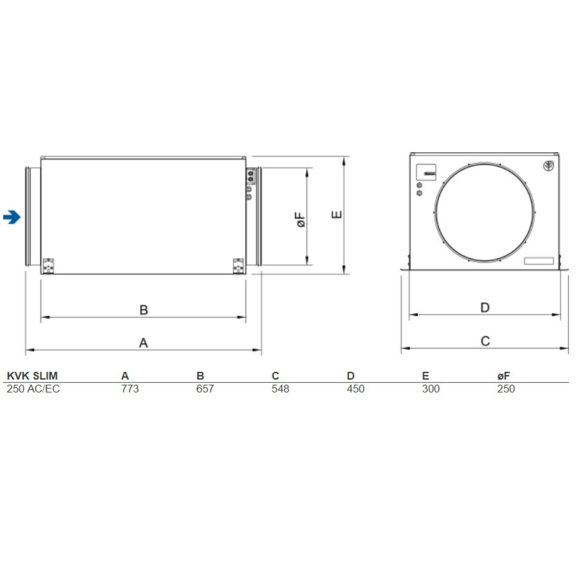 Systemair KVK Slim 250EC kruhový ventilátor - rozmery