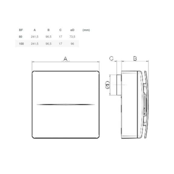 Systemair BF 100TX ventilátor  - rozmery
