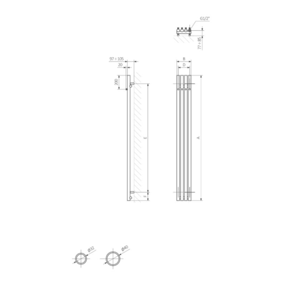 TERMA Rolo Hanger E dizajnový radiátor - rozmery