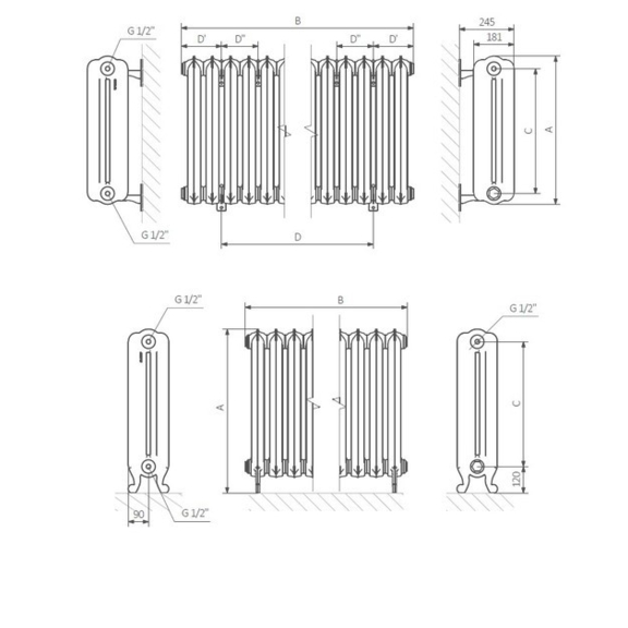 TERMA Kaszub retro radiátor Schéma - na zem, na stenu