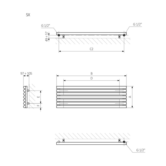 Terma Rolo Room H horizontálny dizajnový radiátor - rozmery