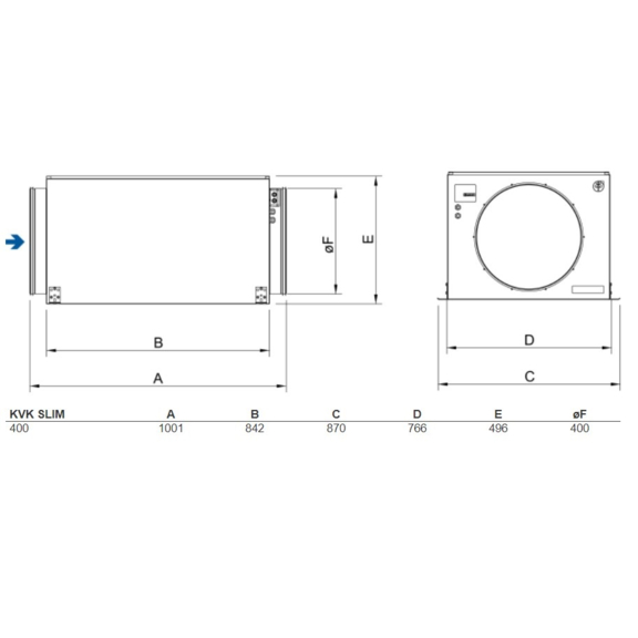 Systemair KVK Slim 400 kruhový ventilátor - rozmery