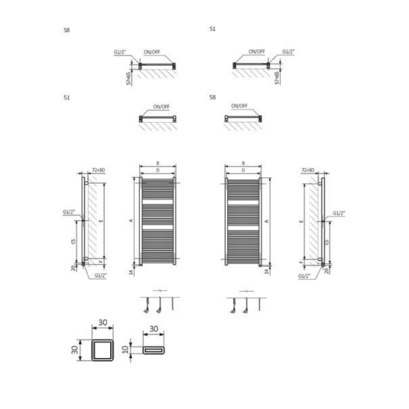 TERMA Mike ONE dizajnový radiátor Schéma rozmerov