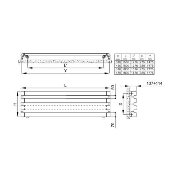 IRSAP Step H dizajnový radiátor schématický nákres