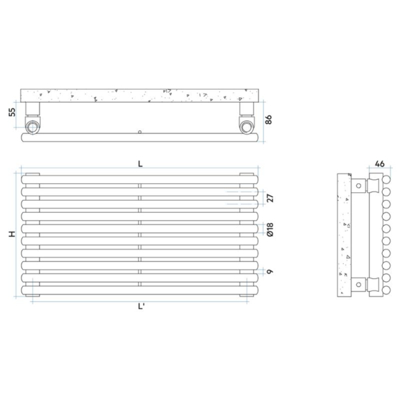 IRSAP Arpa 18 horizontálny dizajnový radiátor - Technický náčrt
