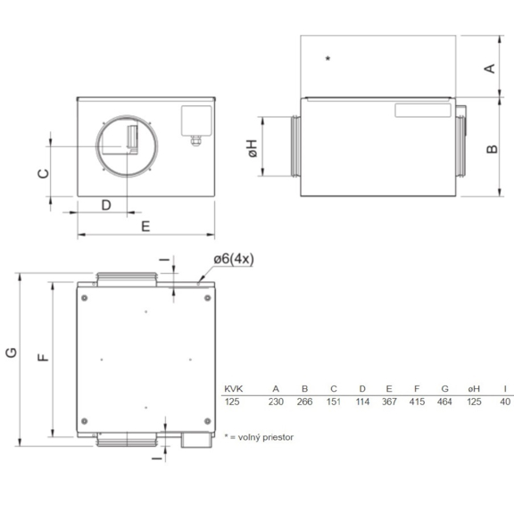 Systemair KVK 125 kruhový ventilátor - rozmery