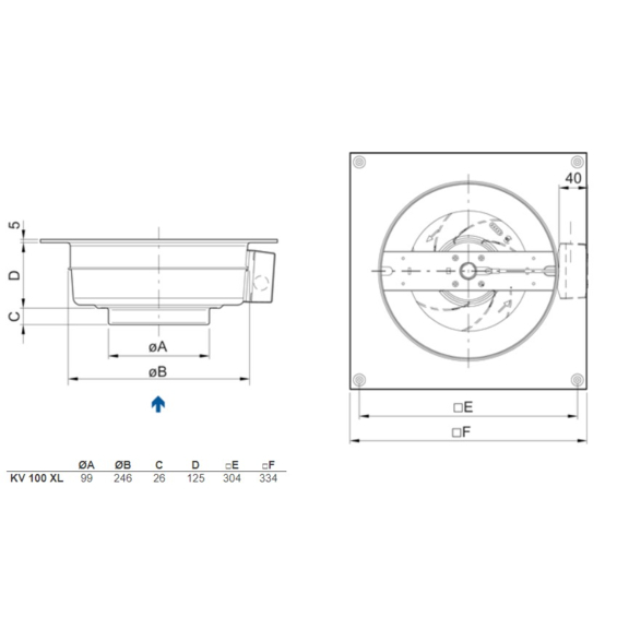 Systemair KV 100 XL sileo kruhový ventilátor - rozmery