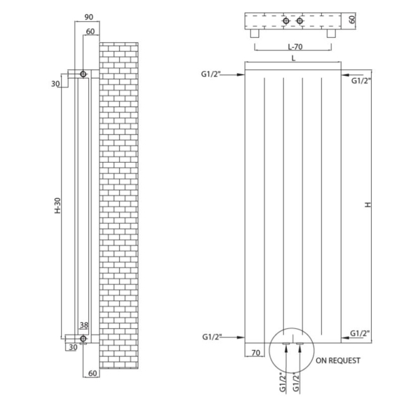RADOX King 20 vodný dizajnový radiátor - technický náčrt