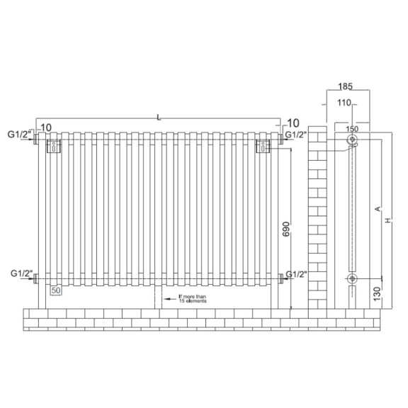 RADOX Vesta vodný dizajnový radiátor - technický náčrt