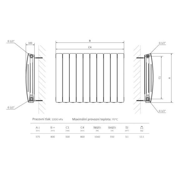 TERMA Camber vodný radiátor pod okno - technický nákres